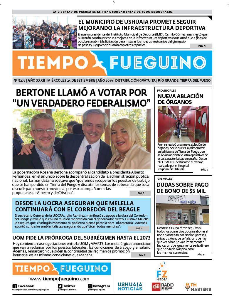 Portada del miércoles 25 de septiembre Tiempo Fueguino