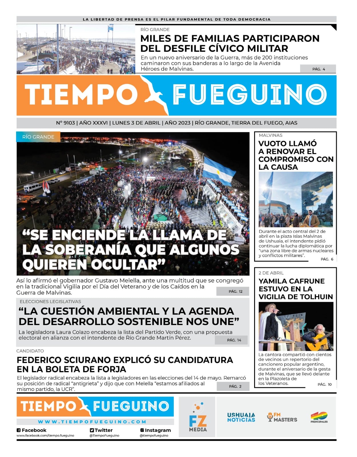 Portada del lunes 3 de abril Tiempo Fueguino