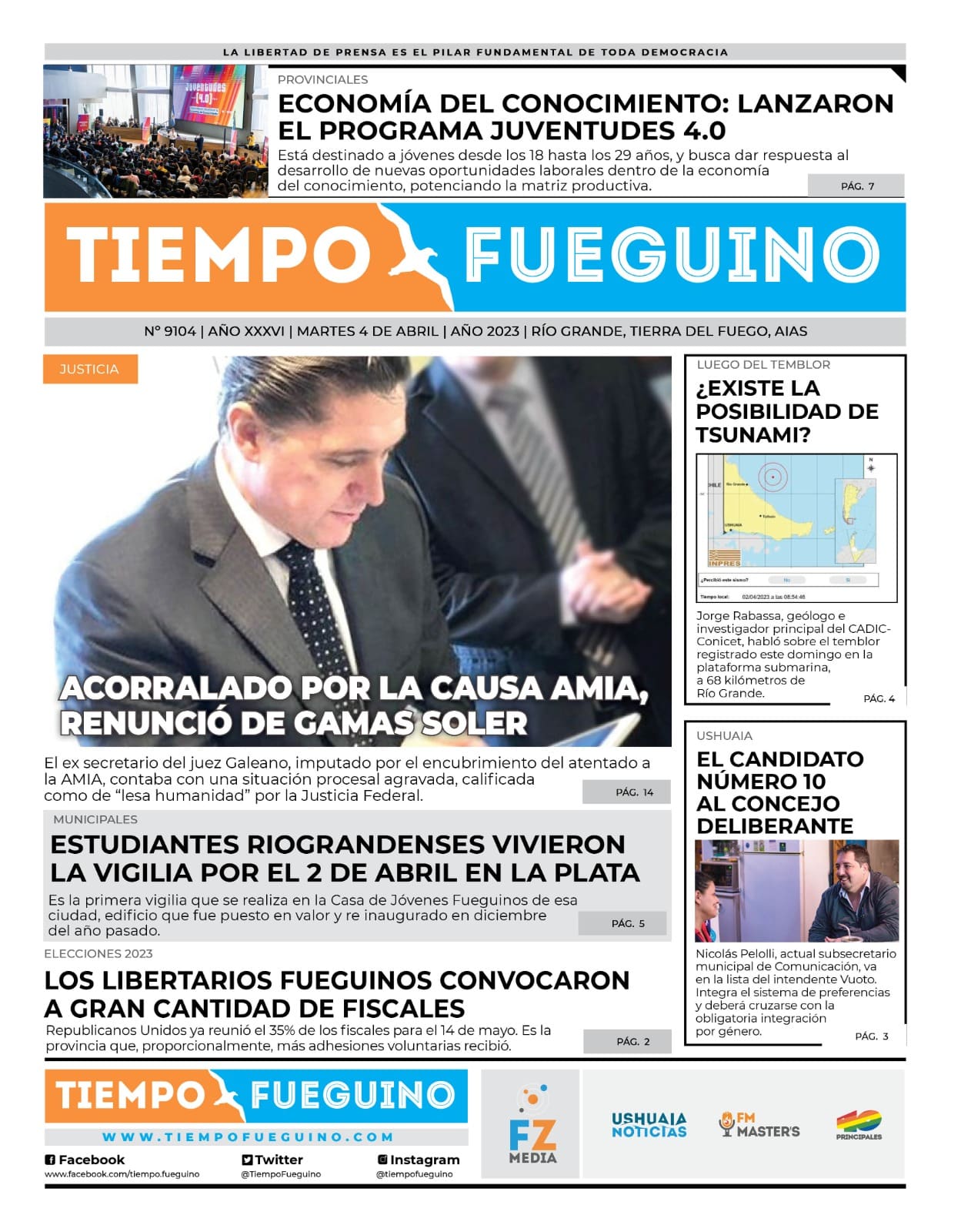 Portada del martes 4 de abril Tiempo Fueguino